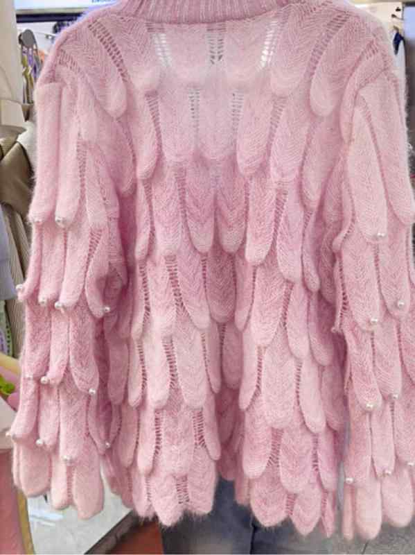 ニット トップス レディース 開襟 Vネック 長袖 厚手 毛糸 立体 花柄 ビーズ刺繍 切り替え カーディガン ワイドシルエット グリーン ピンク ホワイト パープル 秋冬 優しい 甘め スタイル 気質 イージーウェア 吸湿速乾 柔らかい 肌触り 日常使