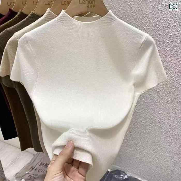 ニット トップス 女性用 半高めポロカラ 半袖 修身 スリムフィット 接触冷感 包芯糸 ブラック ダークグレー アプリコット ワインレッド 春 私服 シンプル 百搭 スタイリッシュ