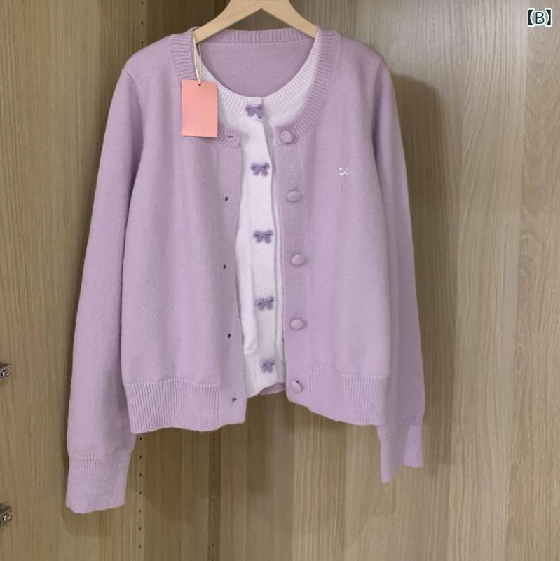 カーディガン 女性用 冬 接触冷感 羊毛混 腈纶 アクリル 切り替え デザイン 蝶結 リボン 刺繍 撞色 偽ツーピース ニット 開き 長袖 短丈 上着 トップス 赤 紫 青 グレー 厚手 暖か 伸縮性 ラウンドネック シングルボタン 甘め かわいい 清新