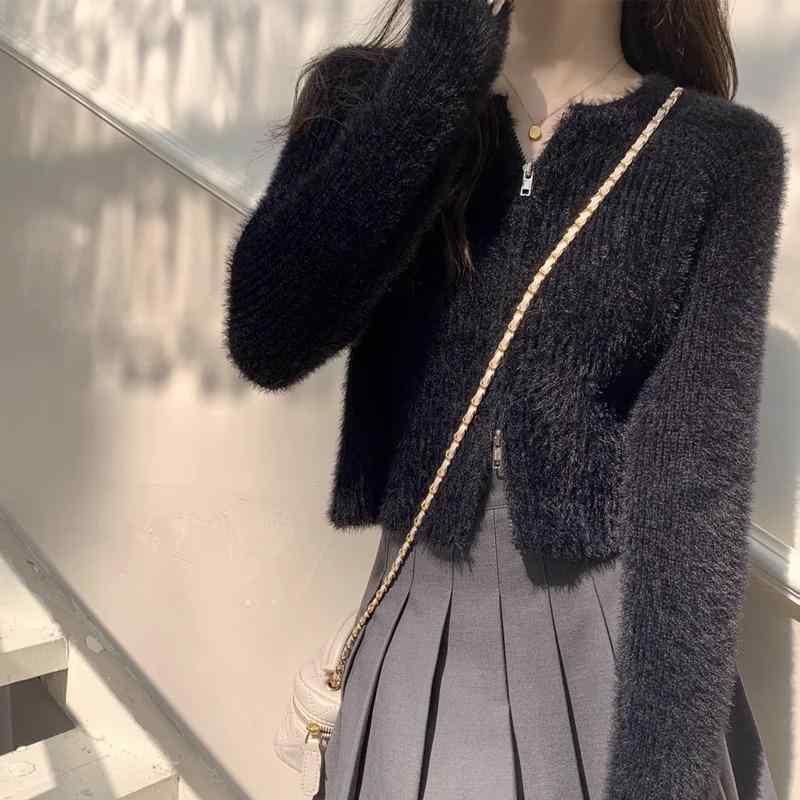 ニット セーター 女性用 秋冬 長袖 ラウンドネック ジップアップ 開襟 短丈 切り替え デザイン 腈纶 混紡 ミドルゲージ ブラック 杏色 キャメル 単品 基本 スタイル レギュラー フィット 通常 袖 純色 法式 風 エレガント 気質 復古 風 単独