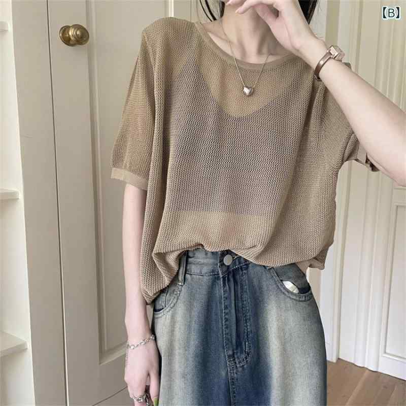 Tシャツ 女性用 短袖 夏季 丸首 修身 背中 切り開き デザイン ストライプ 柄 コットン 素材 吸湿速乾 軽量 通勤 スタイル 都市 カジュアル 黒 カラ カード 色 アイボリー 白 系統 かわいい 甘辛 ミックス トップス 短丈 肩落ち 肩 セータ 3