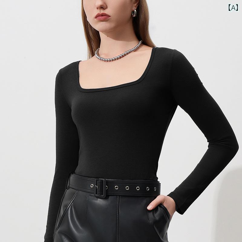 トップス レディース 秋冬 長袖 ロングTシャツ 方領 修身 伸縮性 ロゴ 切り替え コットン 粘着繊維 純色 セットアップ 気質 通勤用 都市風 ブラック ホワイト グレー オレンジ 軽量 吸湿速乾 ビッグシルエット Vネック ハイネック 部屋着 アウ