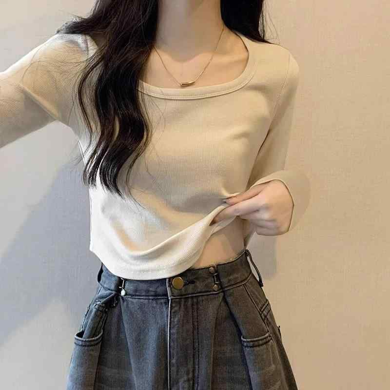 Tシャツ 女性用 長袖 方領 修身 スリムフィット 不規則裾 インナー トップス ブラウス 早秋 杏色 ブラック ホワイト マカロンカラー 短丈 40cm以上50cm以下 セットインスリーブ ソリッドカラー 95%ポリエステル 5%スパンデックス 伸縮性