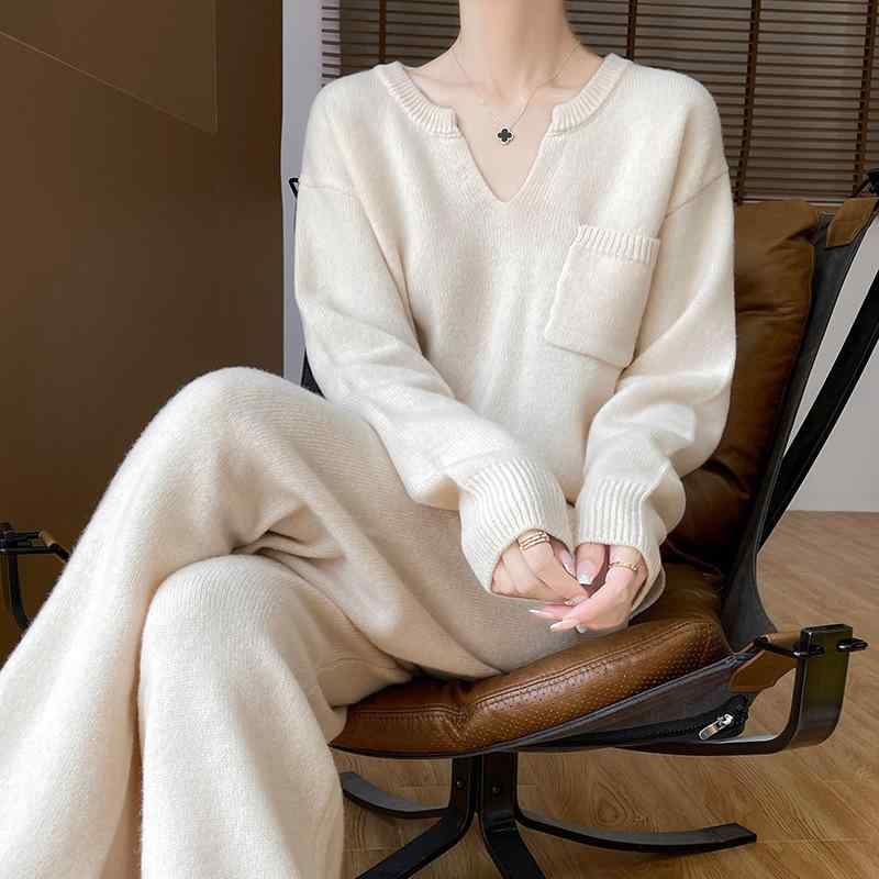 レディース 秋冬 ニットトップス セット トップス 長袖 ニット ブラウス ワイドパンツ セット ロングパンツ セット ポリエステル 混 ス..