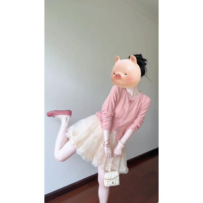 レディース 春夏 ニット Aライン フレア ミニ スカート セット トップス ロングスリーブ 腈纶 混紡 切り替え デザイン 日韓 スタイル カジュアル 普段使い 軽量 伸縮性 ピンク系 アイボリー シンプル 気品 ファッション ビッグシルエット 膝上丈