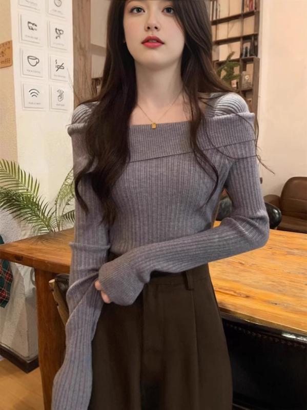 ニット トップス 女性用 長袖 修身型 一字肩 翻領 3D 立体柄 接触冷感 吸湿速乾 中厚手触り セットインスリーブ 普通丈 シルク加工 秋冬 カジュアル かわいい スリム スタイル インナー 私服 セレブ風 御姐風 甘め フレッシュ カラキ 杏色 ブ