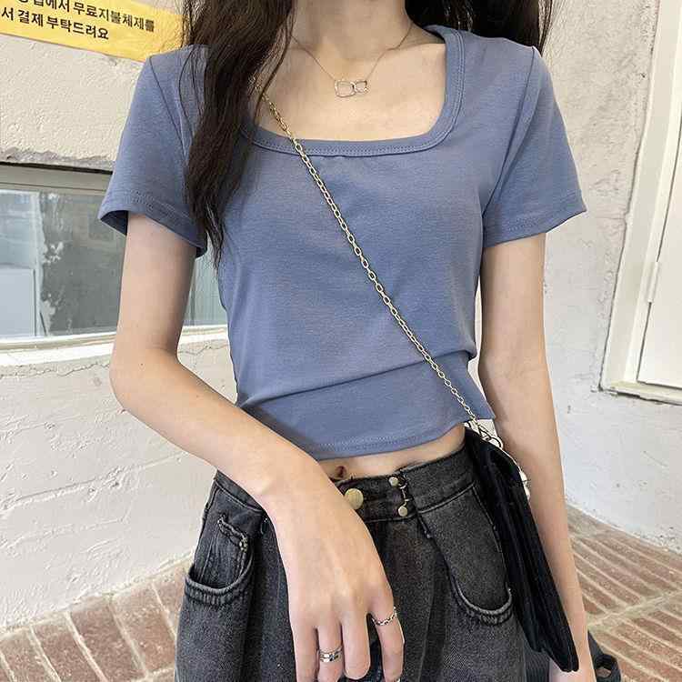 Rakuten - Tシャツ 女性用 春夏 短袖 純色 方領 高腰 修身 スリムフィット かわいい 百搭 トップス 接触冷感 再生繊維 軽量 伸縮性 吸湿速乾 ブラック ホワイト オレンジ ブルー グレー 日常使い カジュアル デイリーウェア