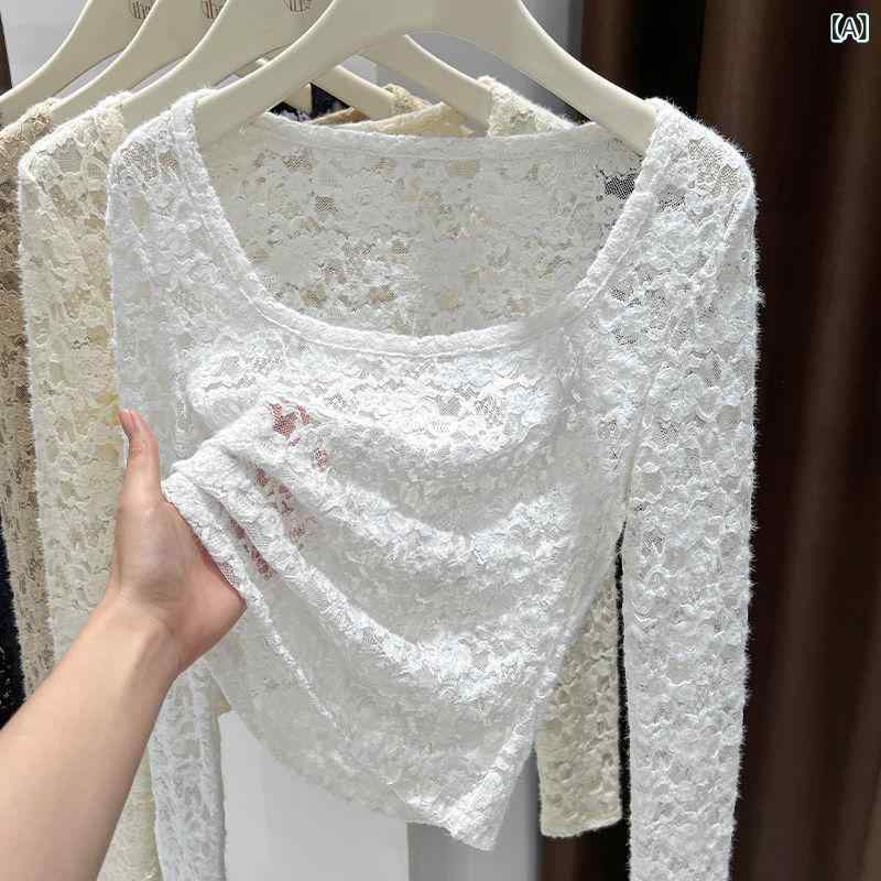 Other - Tシャツ 女性用 ゆったり スクエアネック レース メッシュ 長袖 インナー トップス 切り替え 透け感 軽量 ポリエステル 接触冷感 吸湿速乾 直筒シルエット 通勤 普段使い 気質 快適 ゆったりカジュアル ブラック ホワイト ベージュ カーキ 春夏