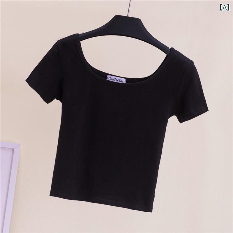 Rakuten - クロップドTシャツ 女性用 修身 綿 スパンデックス 混合 接触冷感 トップス インナー ショート丈 方領 短袖 ハイウエスト ブラック 紫色 ホワイト イエロー レッド 気質 通勤 普段使い 軽量 伸縮性 吸湿速乾 ビッグシルエット Vネック ユニセッ