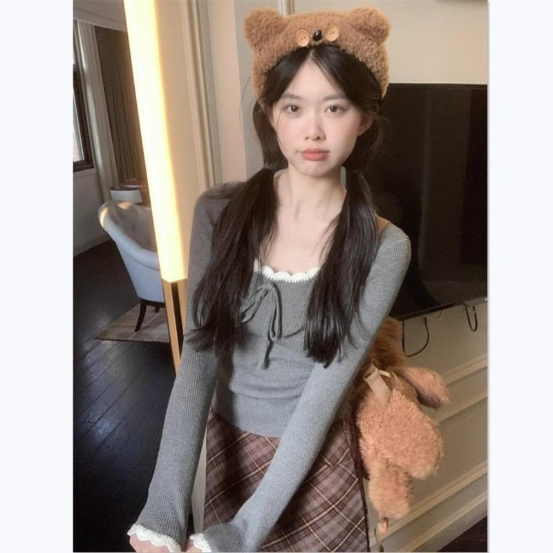 Other - 長袖 トップス 女性用 春夏 修身 短丈 切り替え レース 縁取り インナー ポリエステル スパンデックス グレー ホワイト セットインスリーブ クルーネック 偽ツーピース カジュアル 日常使い 伸縮性 軽量 レイヤード