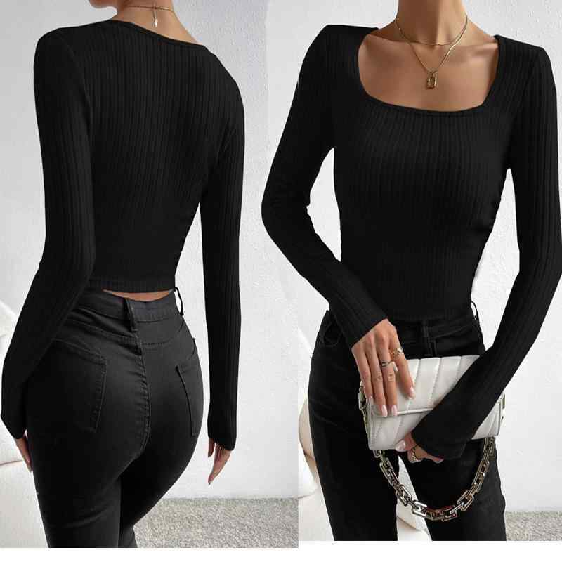 トップス 女性用 秋冬 長袖 方領 Tシャツ ブラック 修身 短丈 ポリエステル スパンデックス 切り替え 気質 優雅 気質通勤 セットインスリーブ リブ 吸湿速乾 通勤 普段使い