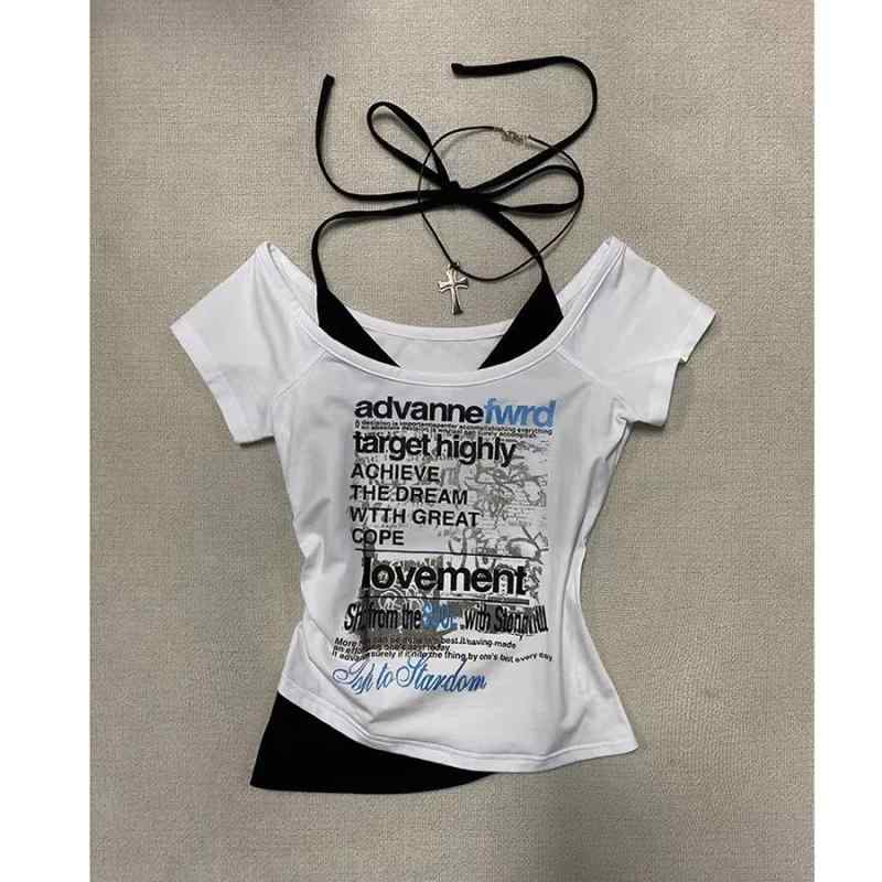 Tシャツ 女性用 夏 掛け首 短袖 トップス 修身 短丈 偽ツーピース 方領 ポリエステル 接触冷感 吸湿速乾 軽量 快適 クリエイティブ デザイン 白色 私服 御姐風 カジュアル 普段使い