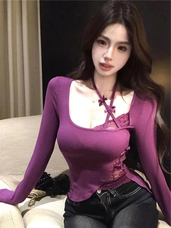 乐天商城 - レディース トップス 紫色 長袖 Tシャツ 春夏 レース 切り替え 修身 タイト インナー 打底 短丈 上衣 気質 通勤 スタイル ポリエステル 素材 方領 セットインスリーブ 蝶結び 装飾