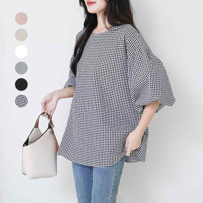 Other - シャツ 女性用 春夏 泡泡袖 デザイン 系ベルト シンプル 気品 ゆったり トップス ワイドシルエット 半袖 丸首 セットイン ポリエステル コットン 混紡 無地 快適 日常使い 白色 グレー ブラック ベージュ チェック柄