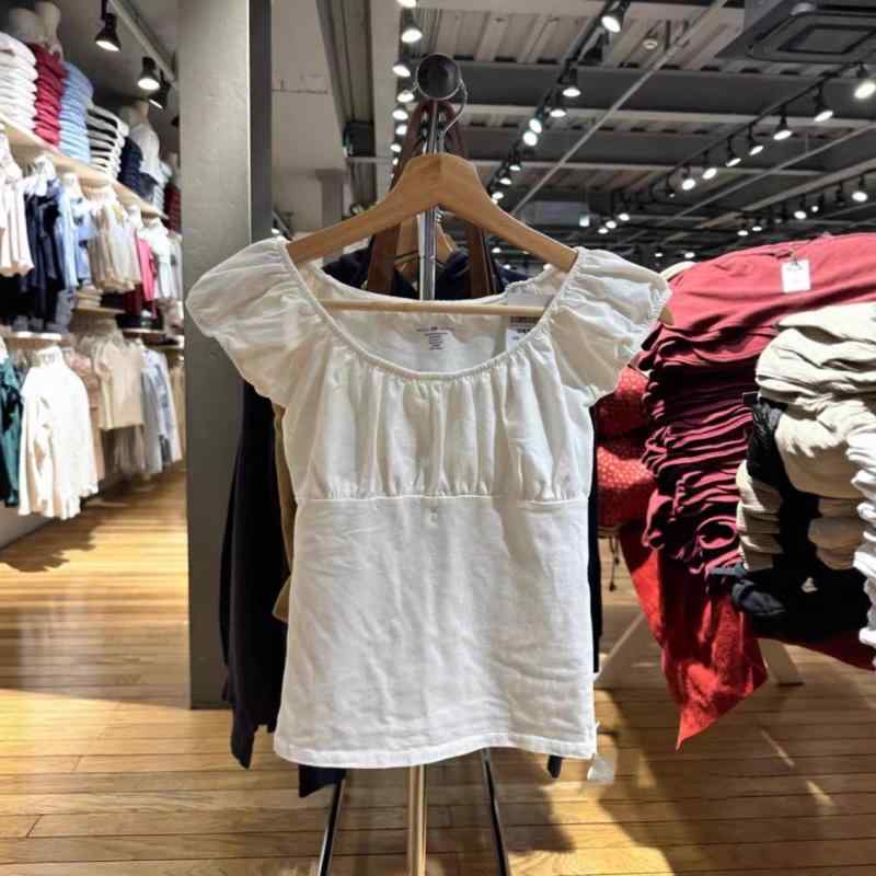 Tシャツ 女性用 修身 短袖 トップス かわいい 甘め デザイン プチプチ袖 丸首 綿素材 染色加工 純色 切り替え 春夏 夏服 軽やか 普段使い 通勤 デート ブラウス シャツ ビッグシルエット 接触冷感 吸湿速乾 白 ネイビー カーキ ブラック ピン