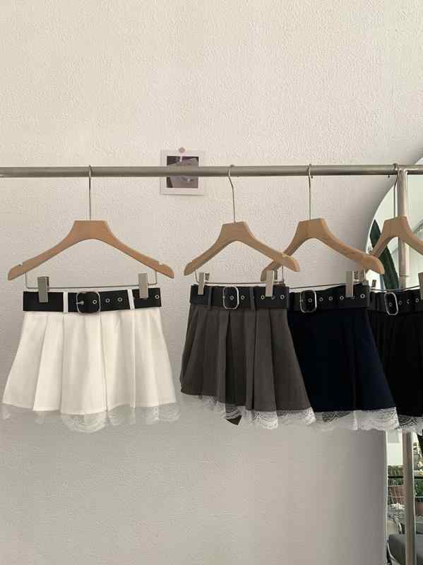 乐天商城 - スカート 女性用 春夏 黒 白 グレー 百褶 半身 短丈 ハイウエスト ベルト付き スリム効果 防走光 切り替え ポリエステル 無弾性 純色 清新 甘め 優しい 普段使い 軽量 通勤 カジュアル
