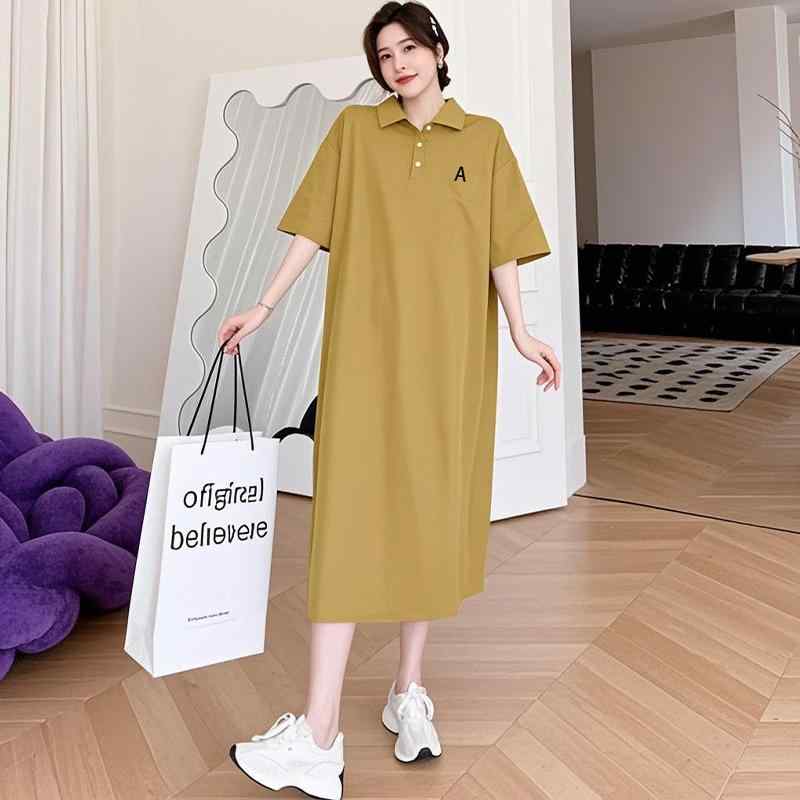 ワンピース マタニティ レディース 半袖 Tシャツ風 ポロ襟 膝丈 膝下 ゆったり ママ 妊婦服 おしゃれ カジュアル 春夏