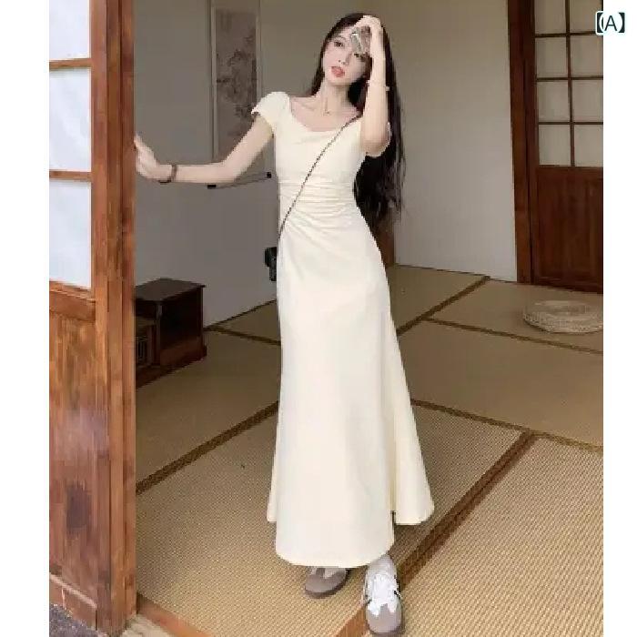 乐天商城 - ワンピース レディース 春夏 韓国風 優しい ウエストシェイプ 魚骨 包み込み ロングスカート 高級感 フレンチ ウエスト切り替え ワンピース ミドル丈 Aライン スクエアネック 短袖 高腰 セットインスリーブ ソリッドカラー ポリエステル PVC 混紡