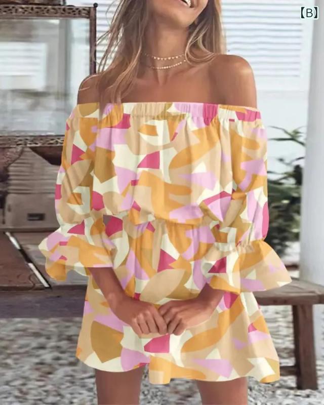 フォークBRのワンピース レディース セクシー ファッション 一字肩 印花 プリント ワンピース 女性用 涤綸 ポリエステル 素材 基本款 基本スタイル 単品 ショート丈 Aライン スカート 一文字 ネックライン 泡泡袖 プフスリーブ ショートスリーブ 中腰 ミッドラ｜アングル3