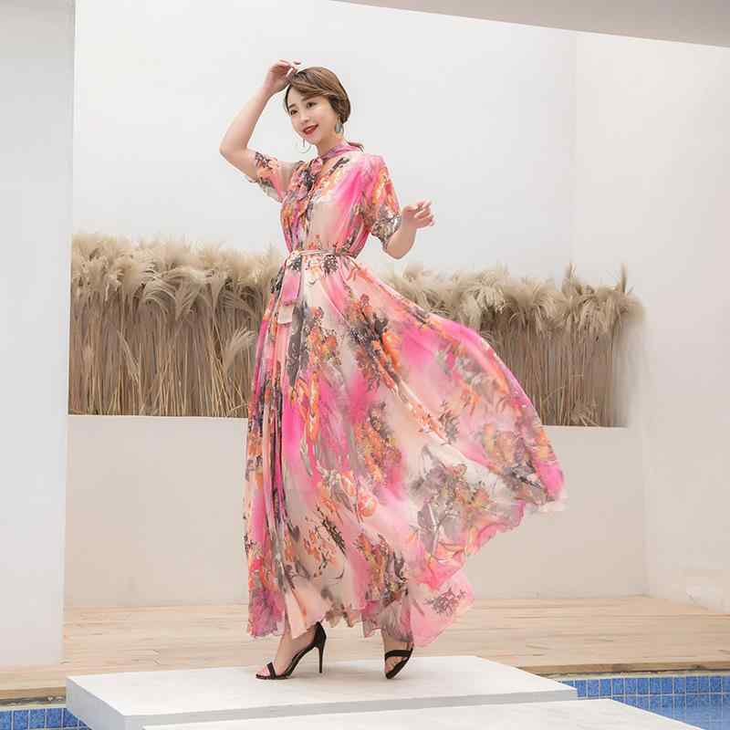 ワンピース レディース 春夏 ボヘミアン ロングドレス 蝴蝶結 Vネック 雪紡 インナー プリント フレアスカート 泡泡袖 短袖 ゆったり腰回り 気質 通勤 普段使い 接触冷感 軽量 涼しい 緑 水墨画 ピンク 桜 花柄 イノセント カジュアル 優雅