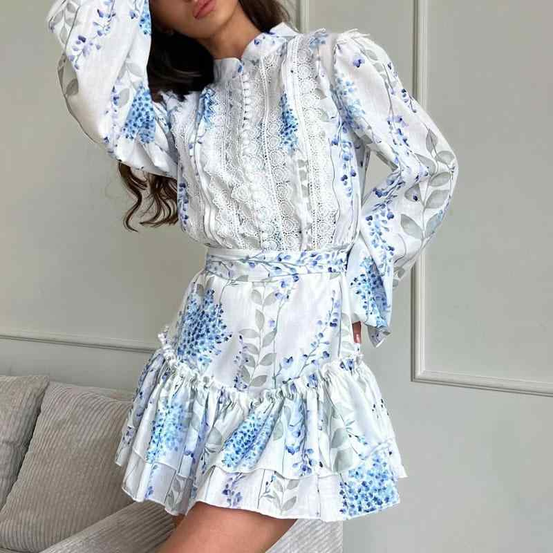 ワンピース 女性用 春夏 短丈 荷葉エッジ 修身シルエット 立襟 プッフスリーブ 長袖 ハイウエスト セットオン プルオーバー 伸縮性 ポリエステル 素材 植物花柄 プリント 加工 フレッシュ スイート スタイル デート 集まり 屋外 用途 汎用 体型