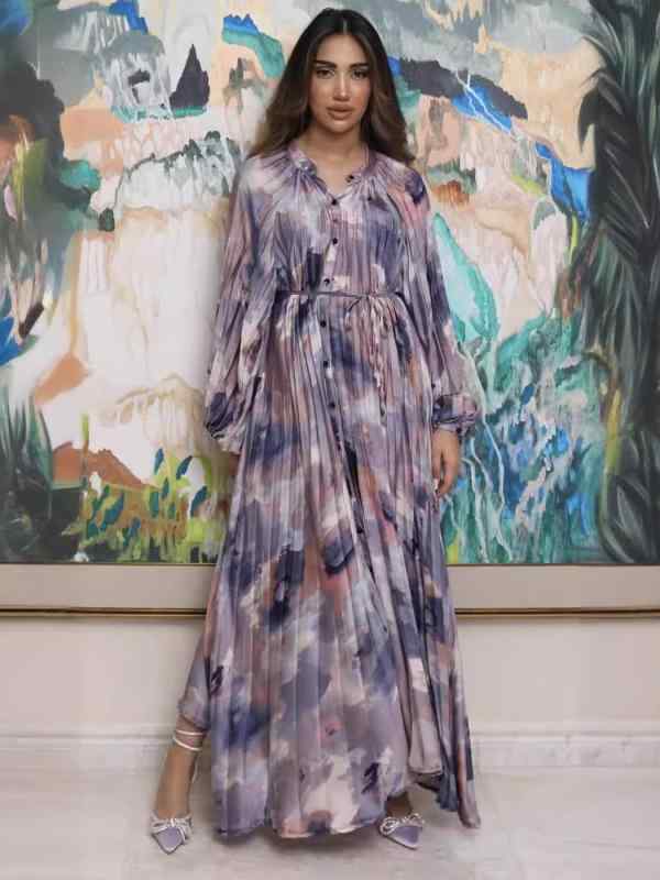 ワンピース 花柄 プリント フレア プリーツ スカート ランプ 袖 長袖 丸首 ロング 丈 ゆったり シルエット ワイド ウエスト 開襟 ボタ..