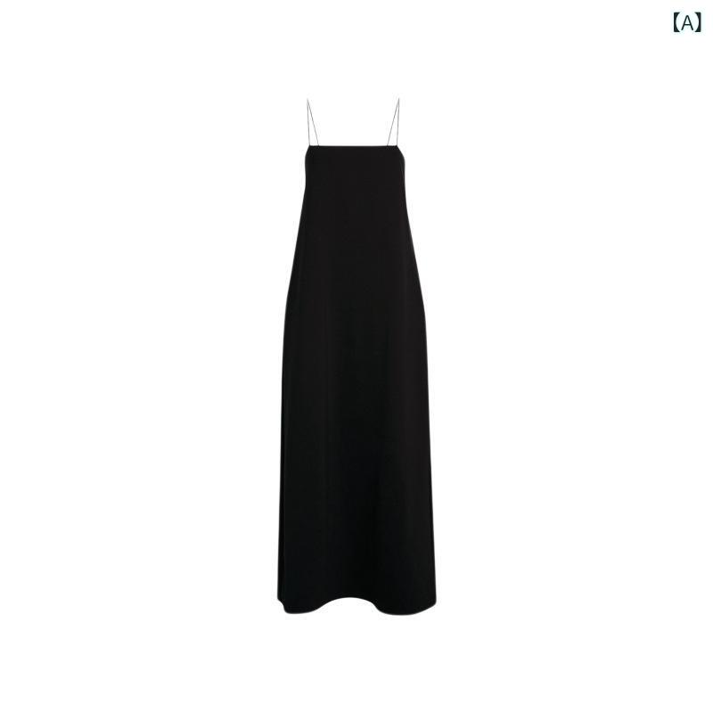 ワンピース レディース 吊り紐 無袖 ロング丈 ブラック 細肩紐 垂れ飾り シンプル セットイン スクエアネック ルーズフィット ジャージー素材 通勤スタイル 気品 エレガント 単品 秋季 秋冬 伸縮性 軽量 通年使い 普段使い ゆったりシルエット