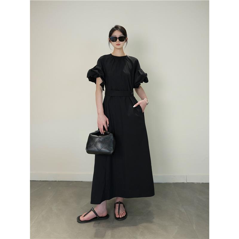 ワンピース レディース 春夏 泡泡袖 高腰 Aライン ロング 黒 綿 接触冷感 切り替え かわいい 気質 スリム 女性用 連衣裙 トップス スカート 単品 セットアップ 丸首 短袖 純色 杭州産 文艺 復古 中国風 プルオーバー 軽量 伸縮性 吸湿速乾
