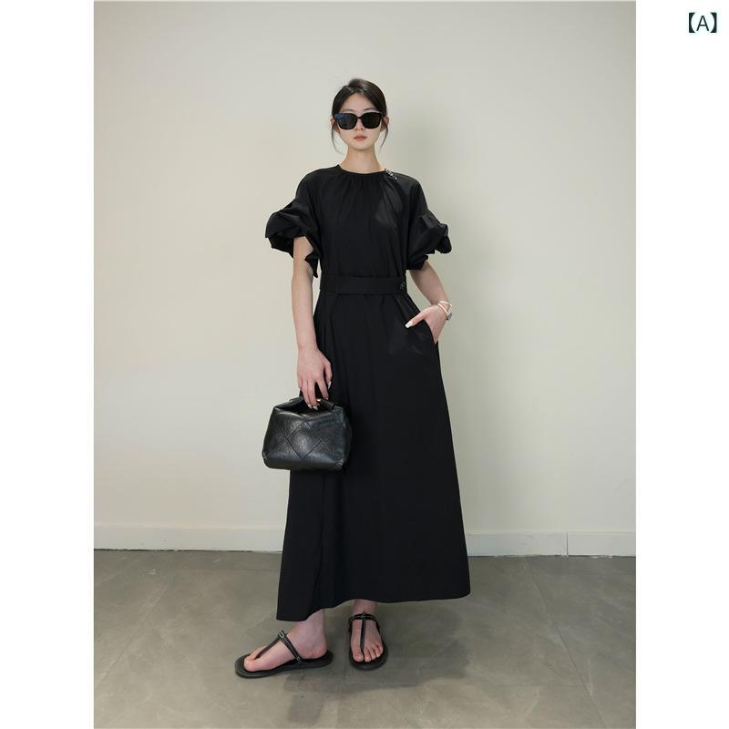 ワンピース レディース 春夏 泡泡袖 高腰 Aライン ロング 黒 綿 接触冷感 切り替え かわいい 気質 スリム 女性用 連衣裙 トップス スカート 単品 セットアップ 丸首 短袖 純色 杭州産 文艺 復古 中国風 プルオーバー 軽量 伸縮性 吸湿速乾 2