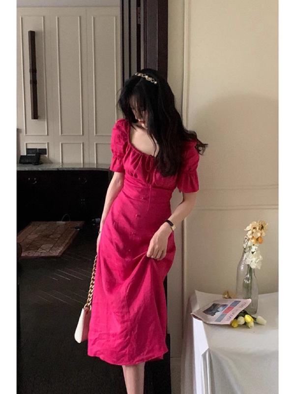 ワンピース レディース 夏 春夏 フレンチガール 木耳エッジ 初恋スカート 収腰 スリム 気質 ローズレッド 抹胸 ロング 仙女 ワンピース..