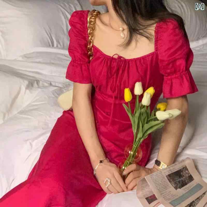 ワンピース レディース 夏 春夏 フレンチガール 木耳エッジ 初恋スカート 収腰 スリム 気質 ローズレッド 抹胸 ロング 仙女 ワンピース ワンショルダー 泡泡袖 短袖 高腰 系帶 セクシー プリーツ加工 ポリエステル 接触冷感 吸湿速乾 軽量 伸縮性 2