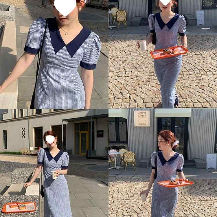 ワンピース 女性用 春夏 格子柄 ミディ丈 切り替え Vネック 泡泡袖 短袖 肩ストラップ コントラストカラー ウエストマーク 軽量 PVC素材 ヒップカバー スタイルアップ 韓国風 ボヘミアン リラックスフィット 日常使い 軽快シルエット