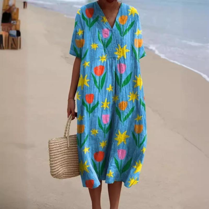 ワンピース レディース ビッグサイズ 短袖 Vネック ポケット 付 Aライン ロング丈 ワンピース ドレス 夏 春夏 接触冷感 ポリエステル 3D プリント 柄 クリエイティブ パターン 爽やか スイート ガール スタイル 少女風 エレガント 気質 休暇