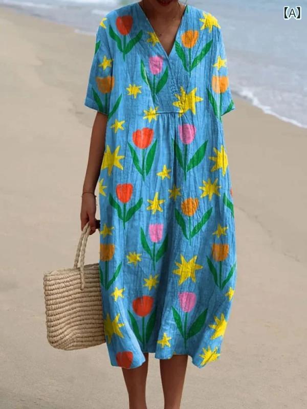 ワンピース レディース ビッグサイズ 短袖 Vネック ポケット 付 Aライン ロング丈 ワンピース ドレス 夏 春夏 接触冷感 ポリエステル 3D プリント 柄 クリエイティブ パターン 爽やか スイート ガール スタイル 少女風 エレガント 気質 休暇 2