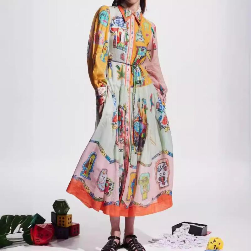 ワンピース レディース 長袖 泡泡袖 系帶 大振り 中長丈 傘型スカート POLO領 中腰 通勤風 気質 優雅 印花 クロシェ 綿麻 接触冷感 軽量 伸縮性 黄色 緑 ピンク 夏 通勤用 普段使い 再生繊維 吸湿速乾 アウトドア かわいい ビッグシルエッ