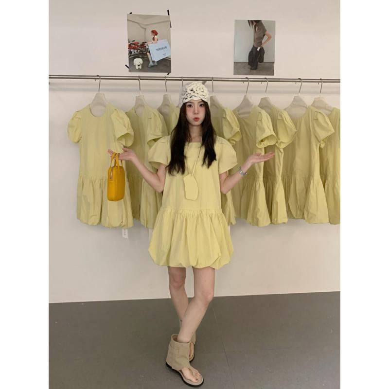 ワンピース 春夏 レディース 短袖 花苞スカート 蓬蓬スカート 小柄向け 黄色 薄荷緑 純色 プレーツ プチプラ セットアップ ルーズフィット 軽量 吸湿速乾 伸縮性 接触冷感 かわいい フレッシュ 日常使い デート用 通勤 春夏新作