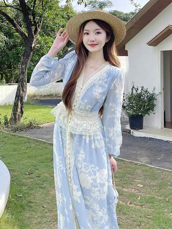 ワンピース レディース 春夏 気質 通勤風 花柄 蕾丝 花卉 切り替え 長袖 泡泡袖 Vネック 高腰 収腰 ロング フレアスカート 珍珠 ボタン 花边 レース 植物 プリント 数字印花 気質 スリム ロマンチック 杏色 春日 花花 軽量 伸縮性 吸湿速乾(4.0)