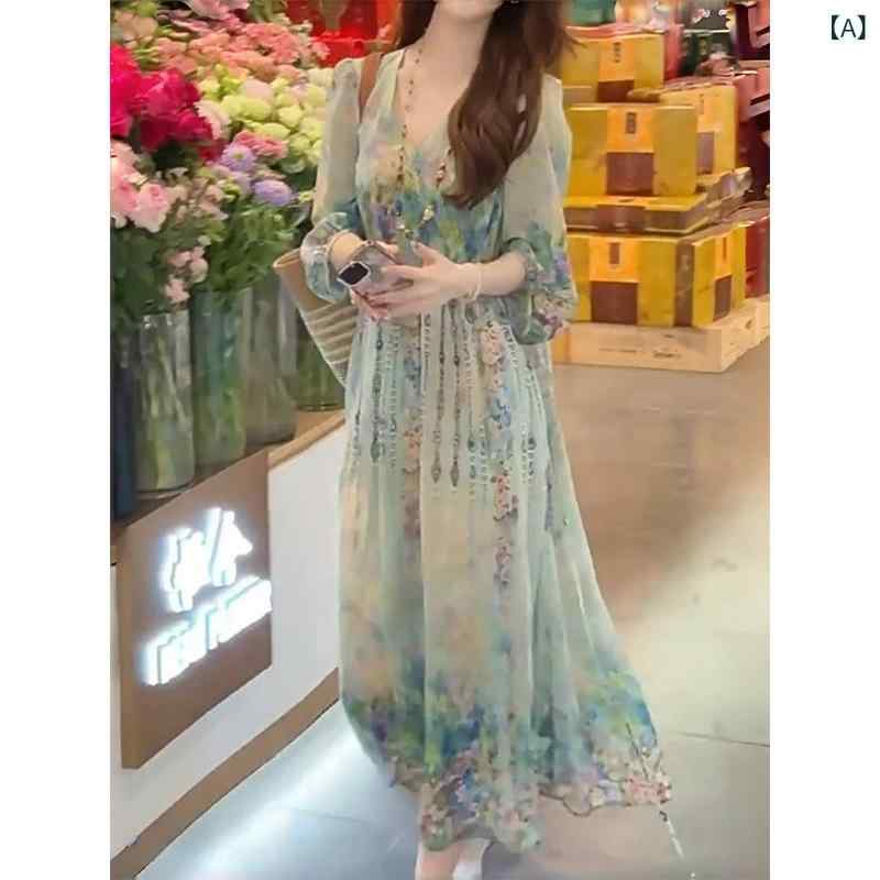 ワンピース 女性用 フレンチスタイル プリント Vネック フラワーデザイン 2点セット 中長丈 Aライン 泡泡袖 七分袖 ゆったり腰回り マカロンカラー 街頭風 快適レジャー コットンポリエステル ラクーダウール混 セットアップ トップス スカート 花柄