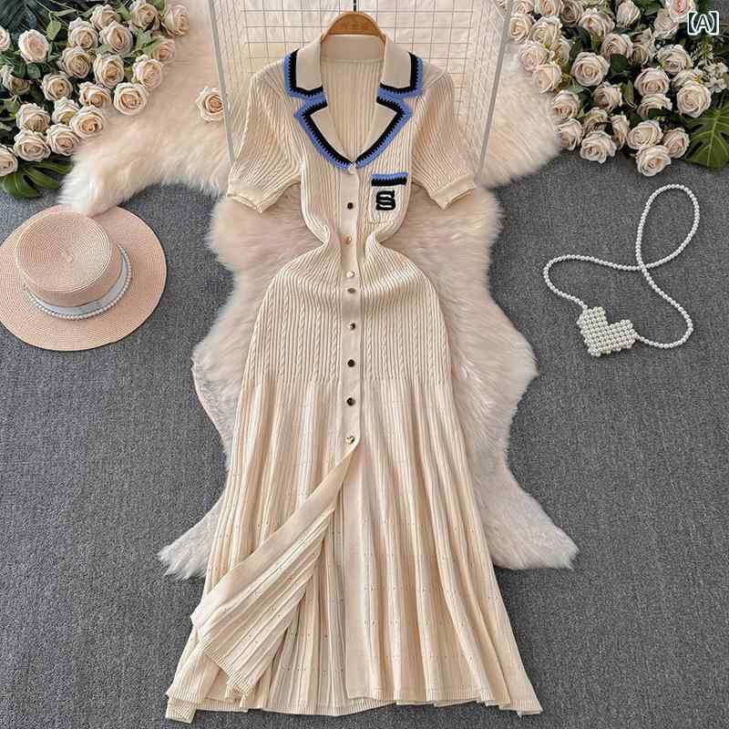 ワンピース レディース 長袖 短袖 夏 春夏 通勤 通勤風 気質 開き 長丈 フレアスカート ポロ襟 ハイウエスト 泡泡袖 切り替え 刺繍 純色 ファッション シンプル 涤纶 ポリエステル 粘胶 ビスコース 杏色 ベージュ系 カーキ ホワイト オレンジ