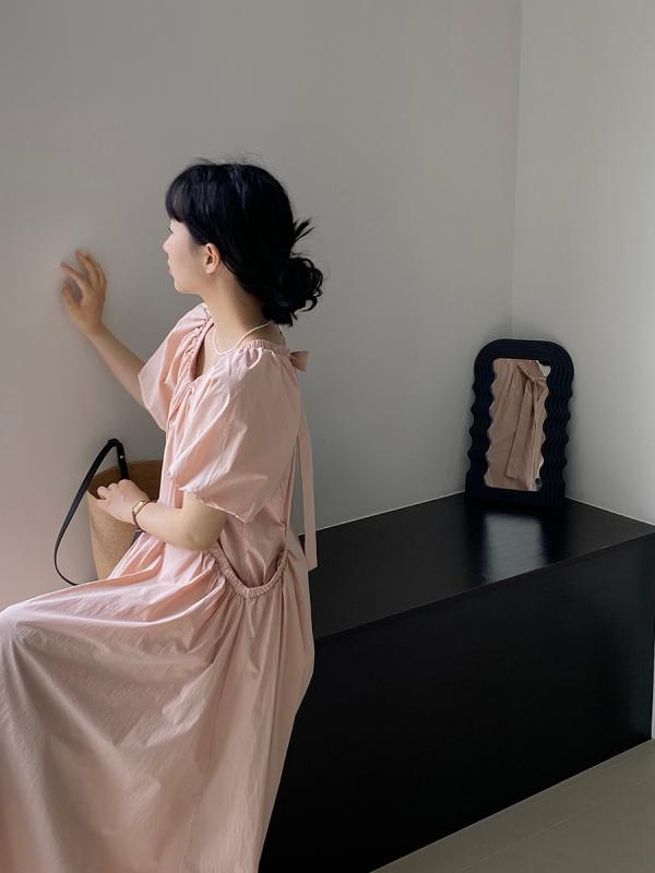 ワンピース 女性用 夏 接触冷感 綿素材 Vネック 泡泡袖 ピンク かわいい Aライン 中長丈 大きめフレア 切り替えデザイン 韓国風 軽量 ..