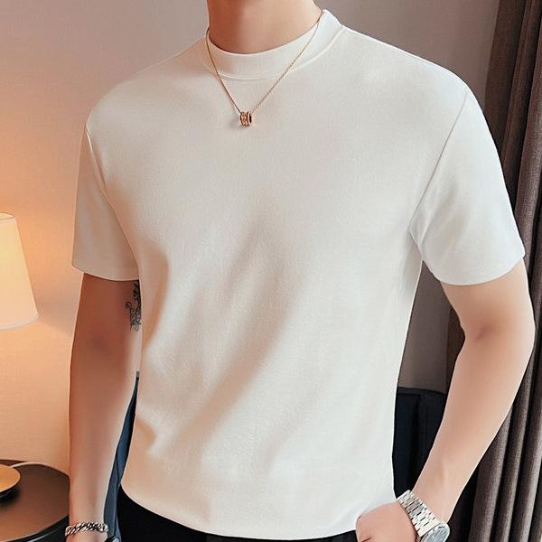 メンズ 短袖 Tシャツ トップス 綿混紡 接触冷感 吸湿速乾 伸縮性 軽量 丸首 落肩袖 ゆったりシルエット 無地 純色 半高領 ホワイト ブラック ブラウン カフェオレ 夏 春夏 秋 日常 着こなし 部屋着 室内着 休日 コーディネート ラフスタイル