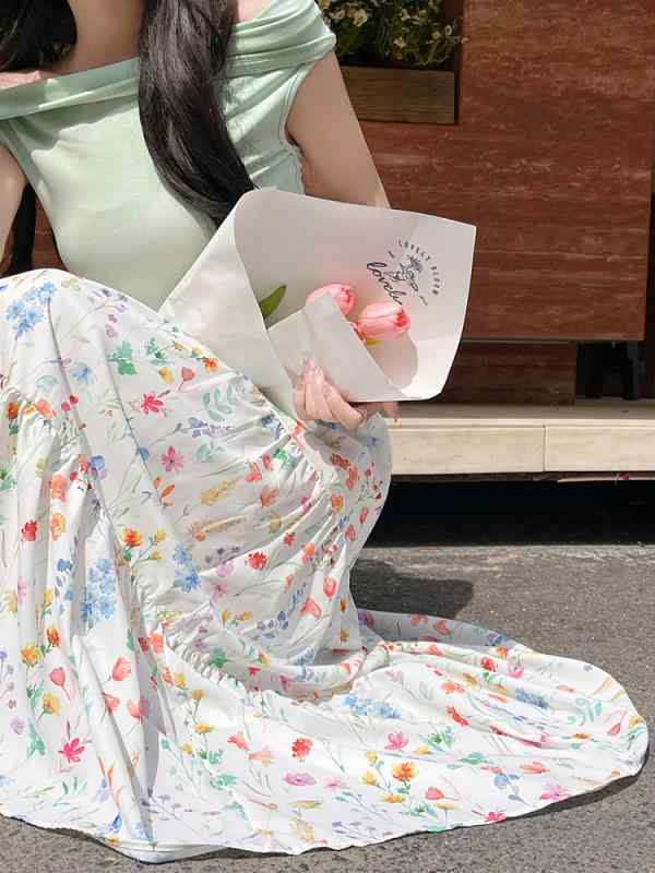 スカート レディース ロング丈 フレア 花柄 フレンチスタイル かわいい 高見え 接触冷感 ハイウエスト 体型カバー 華やか