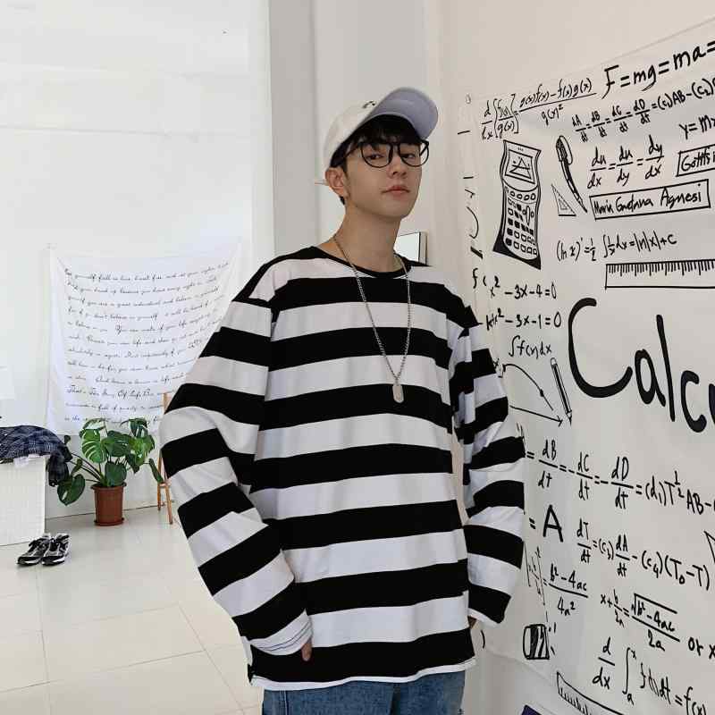 樂天商城 - Tシャツ メンズ 青少年 長袖 条紋 ルーズフィット フード付き 丸首 春 耐摩耗 白色 学生 トレンド カジュアル 日常使い 百搭 トップス 上着 コットン風 軽量 挿肩袖 開衫風 オリジナルデザイン 高品質 秋春対応 休日スタイル シンプル ベーシッ