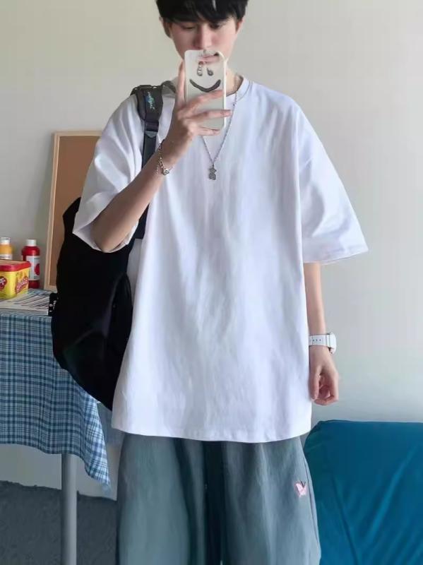 Other - メンズ 半袖 Tシャツ 丸首 ゆったり トップス 純色 コットン 速乾 透気 高弾性 夏用 ミルクシルク 白色 ブラック 休闲 徽章 デザイン 青年 カジュアル スタイル