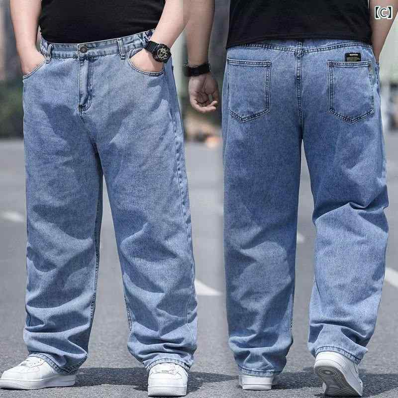 メンズ 牛仔パンツ 夏用 男性用 肥満体型対応 ゆったり ストレート デニム ズボン 普段使い 軽量 薄手 伸縮性 ハイウエスト ジッパー 開閉 多ポケット 立体裁断 ブラック グレー ライトブルー ダークブルー 再生繊維 ポリエステル 耐摩耗 深め股上