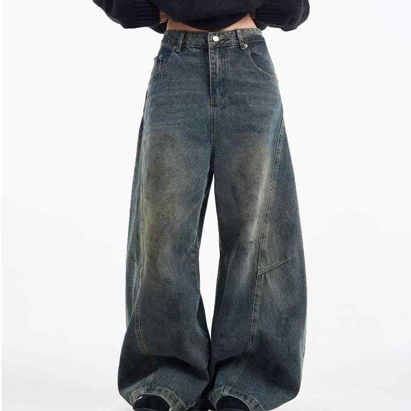 メンズ 牛仔パンツ ブルー ビンテージ ワイドレッグ ストレート ミッドライズ ジッパー ウォッシュ加工 ストレッチ ヒップホップ スタイル ゆったり シルエット 通年 普段使い 軽量 コットン 混 再生繊維 ミックス 長丈 大きいサイズ