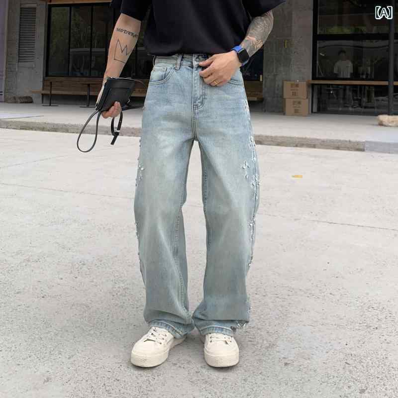 メンズ デニムパンツ 直筒 ストレートレッグ 牛仔 綿素材 微弾性 水洗加工 免烫処理 ラグジュアリーデザイン 十字架モチーフ 復古 ヴィンテージ ストリートファッション ヒップホップスタイル 夏用 日常着用 ミッドライズ ジップフライ 長ズボン ゆった