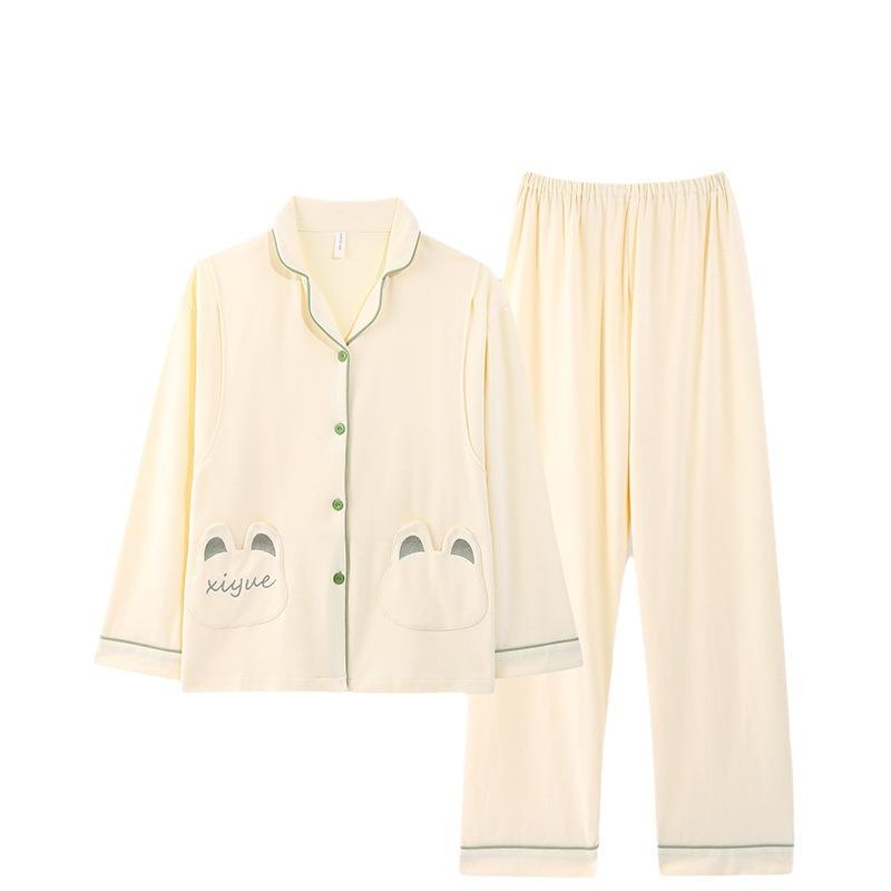 マタニティパジャマ レディース 春夏 授乳服 部屋着 ルームウェア 綿 100% 薄手 長袖 前開き ボタン 産前 産後 妊婦服 上下セット マタニティウェア・素材: 綿・タイプ: カーディガン・素材構成: 綿95%〜100%未満・袖丈: 長袖・パンツ丈: ロングパンツ・スタイル: ラグジュアリー・生地の厚さ: 普通(181-200g/平方メートル)・カラー展開: 萌哒兔(杏色)、鲸落星沉、萌哒兔(ブルー)、萌哒兔(淡ピンク)・サイズ展開: M、L、XL、XXL、XXXL