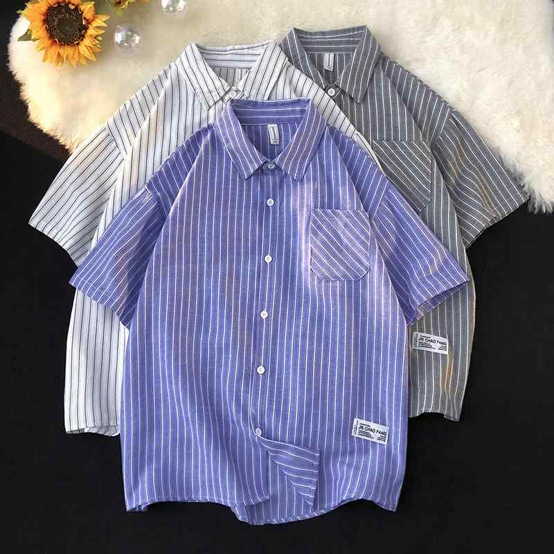 Casual Shirts - メンズ シャツ トップス ストライプ柄 短袖 開襟 翻領 ゆったり ルーズフィット ヒップホップ ストリート カジュアル 韓国風 個性派 夏用 ポリエステル 免燻加工 白色 ブルー ダークグレー 青年向け 日常使い 軽量 通勤 通学