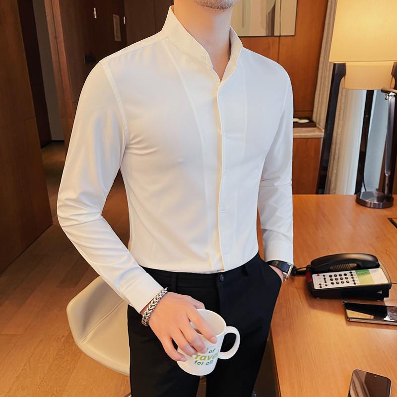 Rakuten - 長袖シャツ メンズ 春夏 薄手 弾力 修身 スタンドカラー 純色 休闲 インナー トップス 韓風 ポリエステル 混紡 高色牢度 長袖 白 黒 ミッドスリーブ ブルー グリーン ショートスリーブ ファッション 都市スタイル 青年向け 通勤 普段使い